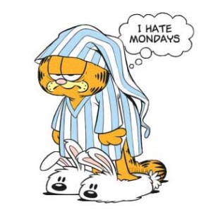 This is Garfield. Garfield does not like Mondays. I find this puzzling, because Garfield is a cat and has no job or a way to tell between work days and weekends.